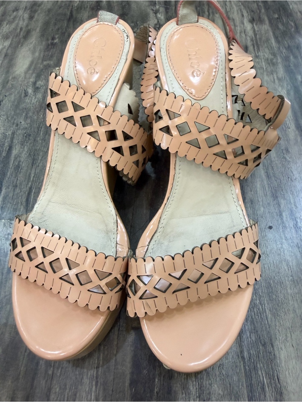 Chloe Peach Laser-Cut Wedge Sandals